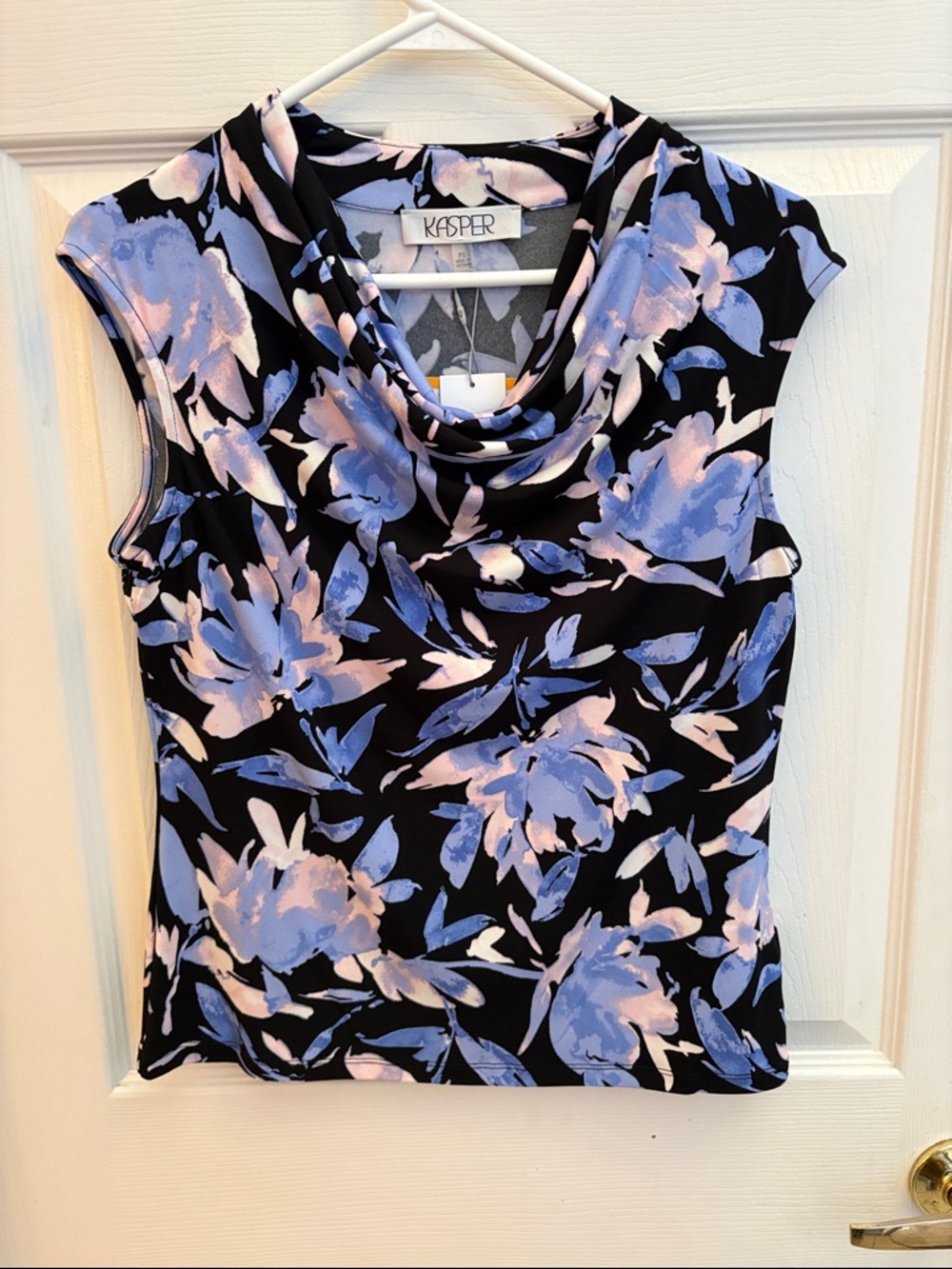Kasper NWT Black Floral Draped Neck top with Blue & Pink Blooms petite small